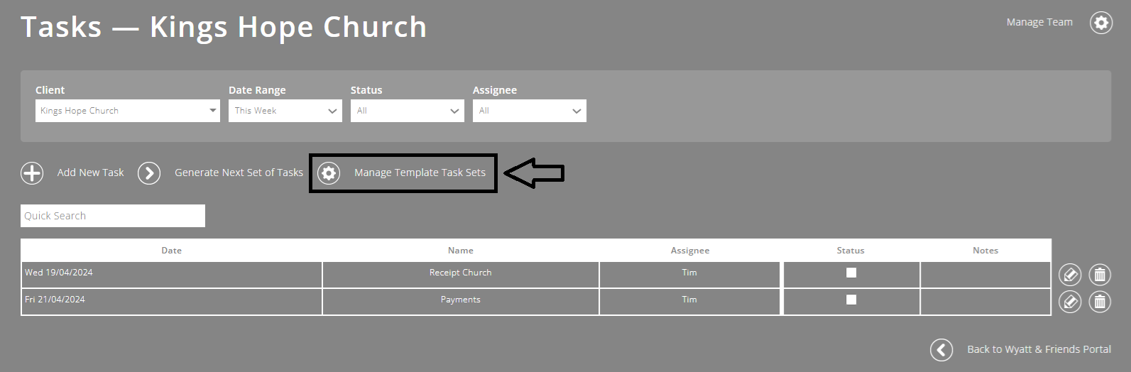 ExpensePlus screenshot of the Task Management screen, highlighting the 'Manage Template Task Sets' button