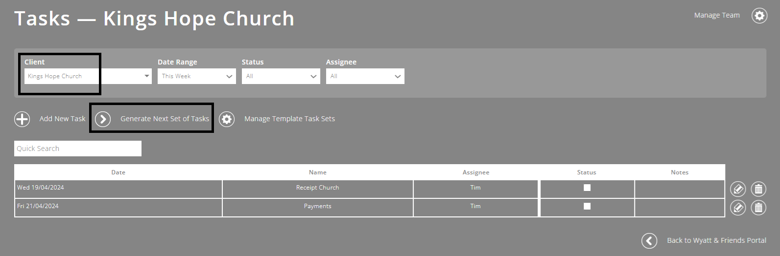 ExpensePlus screenshot of the Task Management screen, highlighting the 'Client' selected, and the 'Generate Next Set of Tasks' button