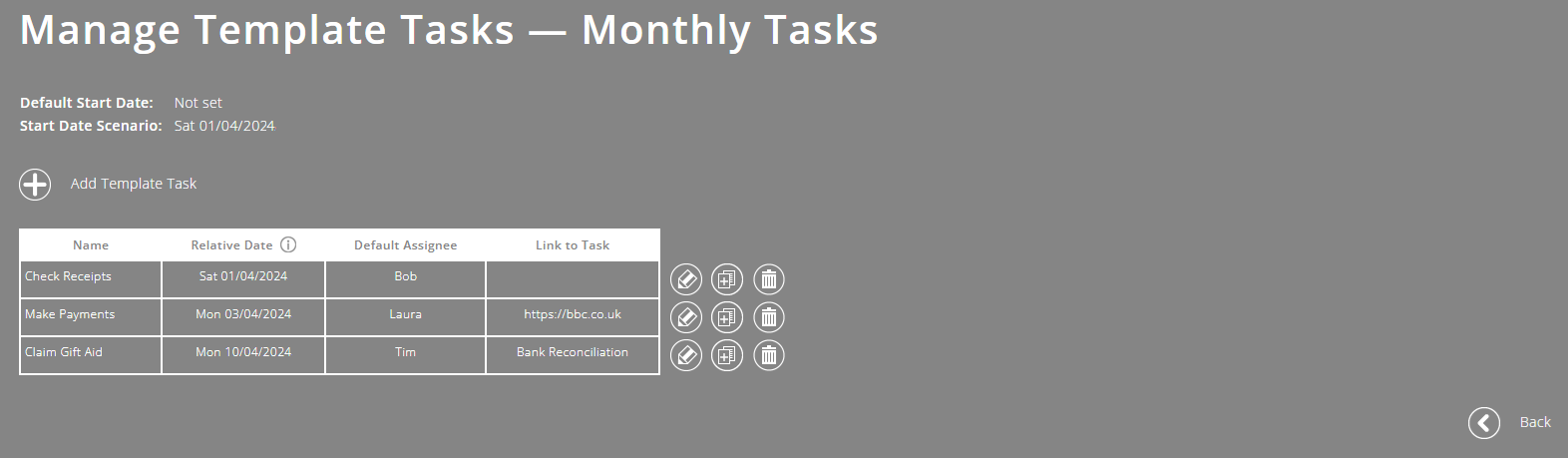 ExpensePlus screenshot of the 'Manage Template Tasks' screen