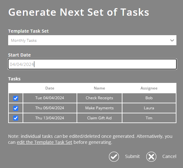 ExpensePlus screenshot of the 'Generate Next Set of Tasks' pop-up, showing a start date being added