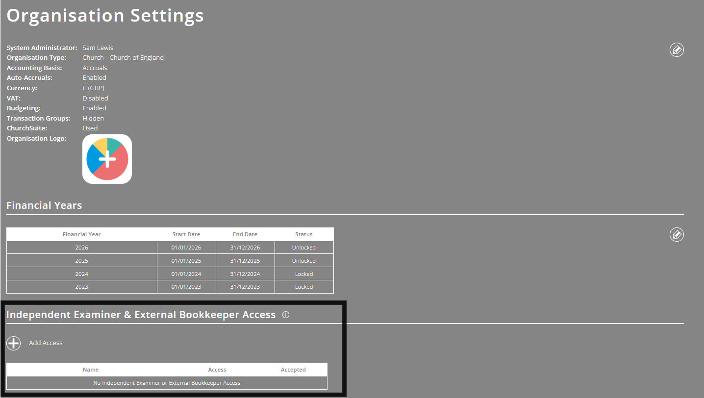 ExpensePlus screenshot of Organisation Settings screen highlighting the Independent Examiner and External Bookkeeper Access section