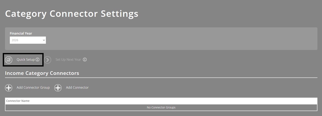 ExpensePlus screenshot of the Category Connector Settings screen, highlighting the 'Quick Setup' button