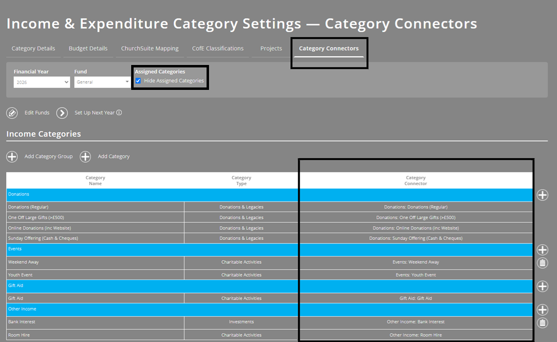 ExpensePlus screenshot of the Category Settings screen, highlighting the 'Category Connectors' tab, the Category Connectors, and the tickbox to hide or display categories already connected