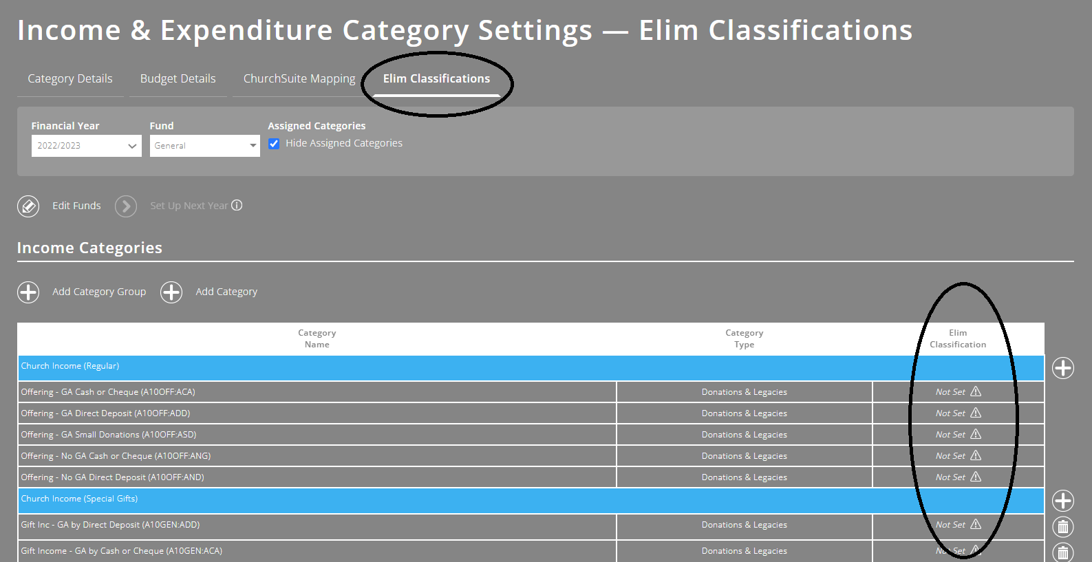 ExpensePlus Income & Expenditure Categories screen for Elim EFGA churches and their Elim Classifications