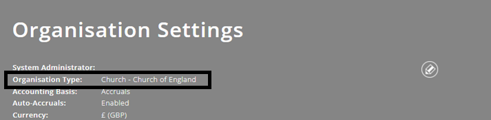 ExpensePlus screenshot of the Organisation Settings screen, highlighting Organisation Type = Church of England