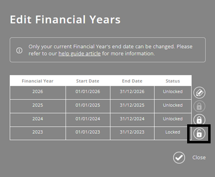 ExpensePlus edit Financial Years pop-up, highlighting the unlock button