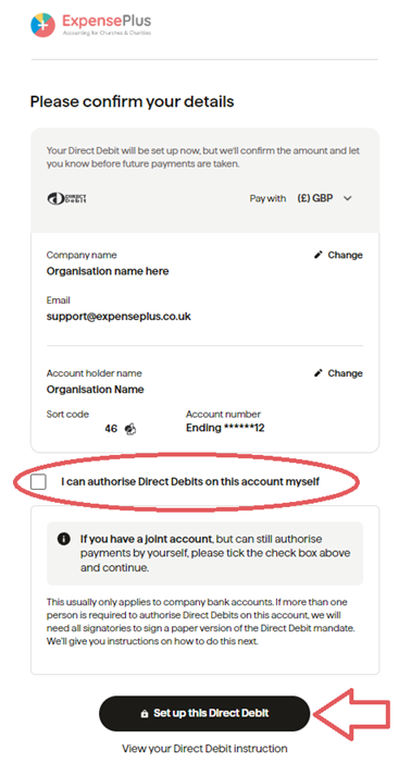 Set up a direct debit with ExpensePlus screen, highlighting the check box to untick