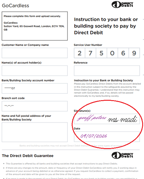 GoCardless direct debit mandate form, highlighting the signatories box with signatures of two bank signatories 