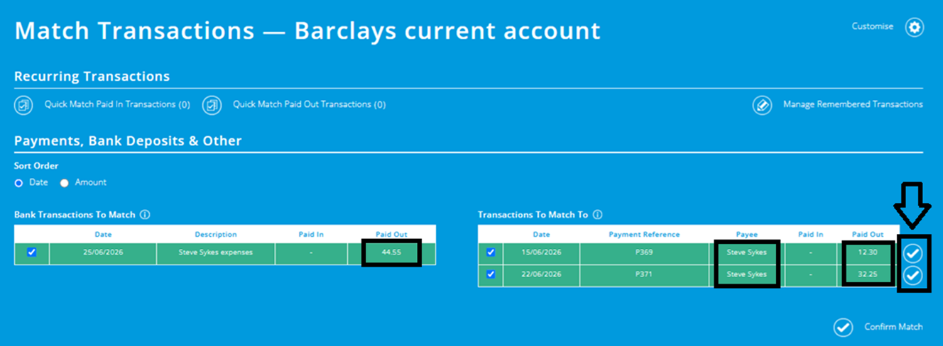 ExpensePlus screenshot of the Match transactions screen, highlighting paid out transactions to the same payee, and matching totals