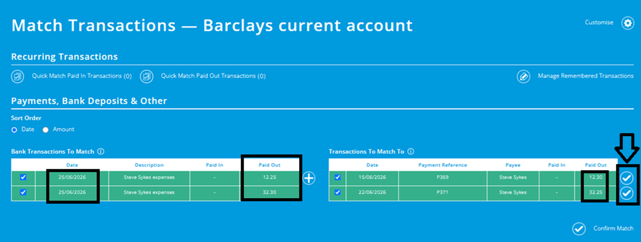 ExpensePlus screenshot of the Match transactions screen, highlighting multiple transactions paid out on the same date