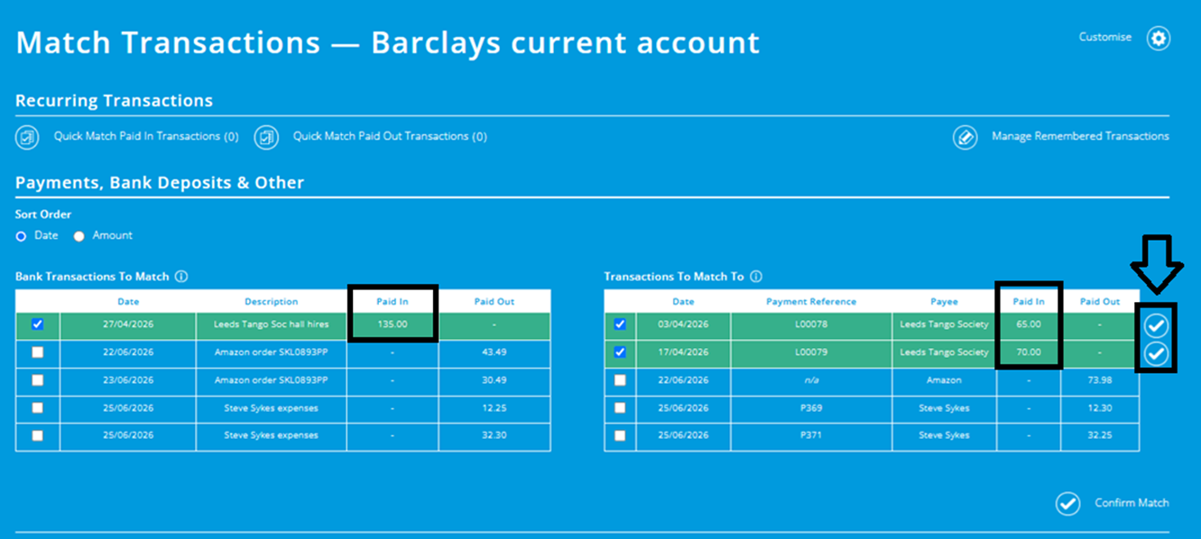 ExpensePlus screenshot of the Match transactions screen, highlighting a single paid in transaction matching multiple transactions to match