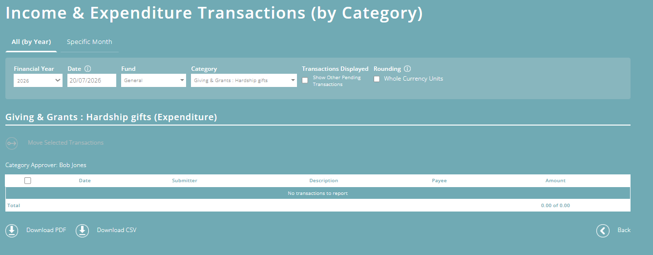 ExpensePlus Income & Expenditure Transactions (by Category) screen