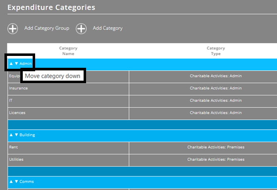 ExpensePlus screenshot of the Category Settings screen, highlighting the up/down arrows to change the order