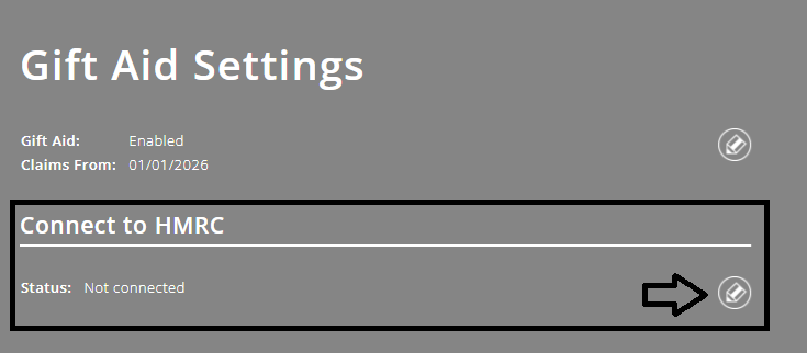 ExpensePlus Gift Aid Settings screen, highlighting the HMRC section