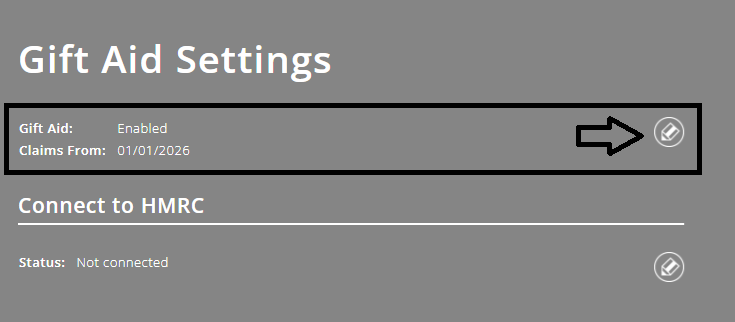 ExpensePlus Gift Aid Settings screen, highlighting Gift Aid enabled, and the date from which claims have been enabled