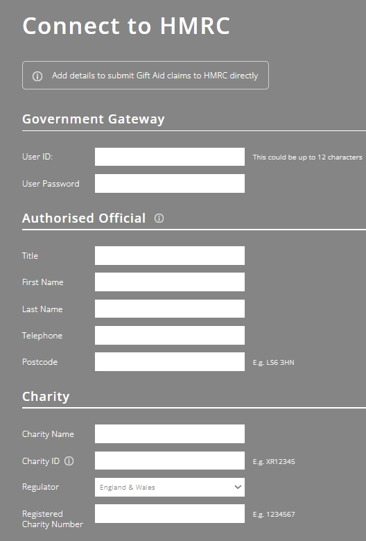 ExpensePlus Connect to HMRC screen within Gift Aid settings