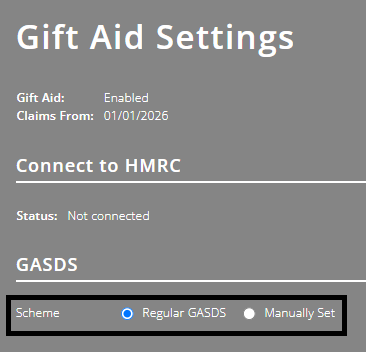 ExpensePlus Gift Aid Settings screen highlighting GASDS settings