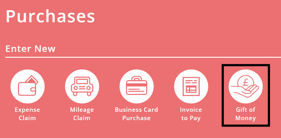 ExpensePlus screenshot of purchases screen highlighting the Gift of Money option