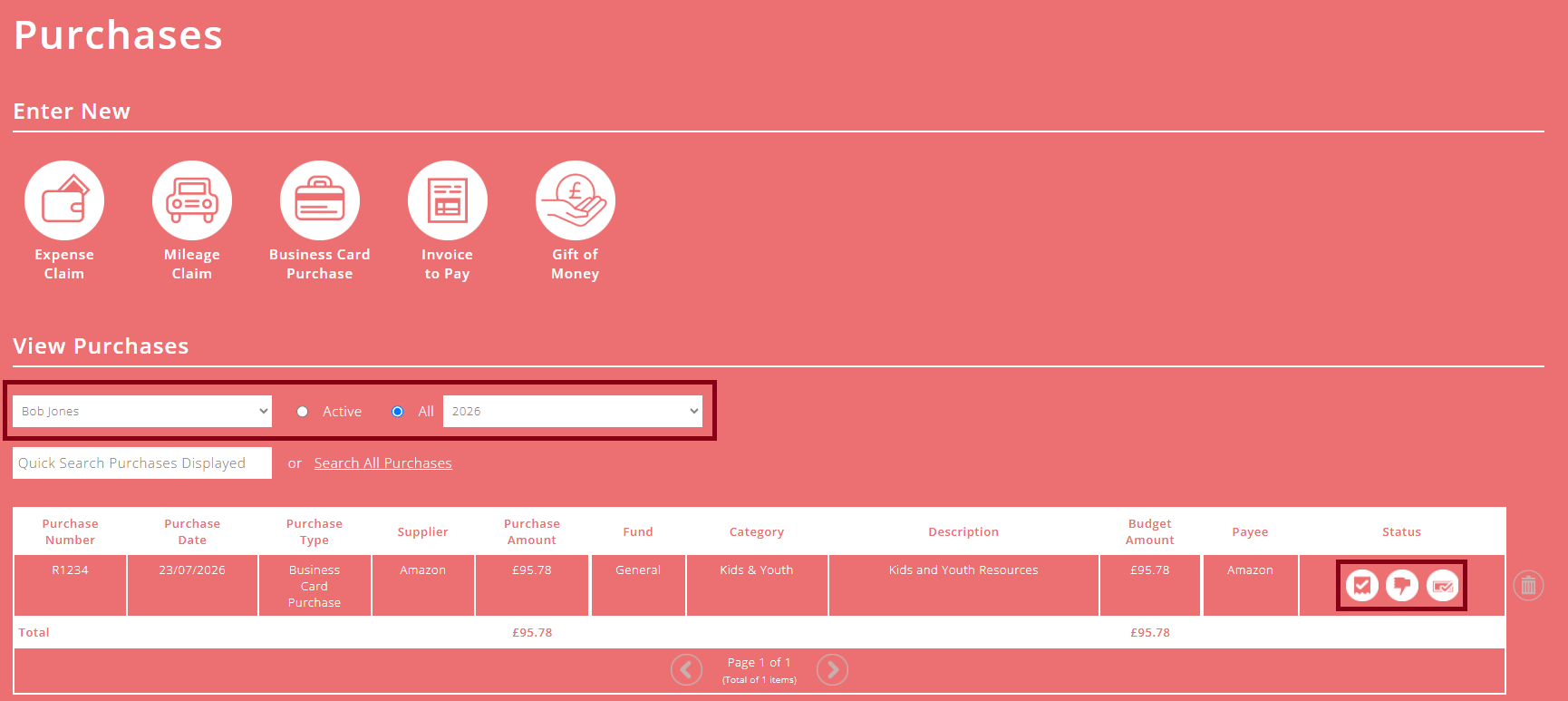 ExpensePlus Screenshot of purchases screen