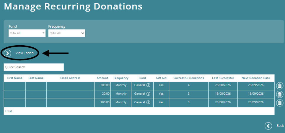 ExpensePlus screenshot of the 'Manage Recurring Donations' screen, highlighting the 'View Ended' button