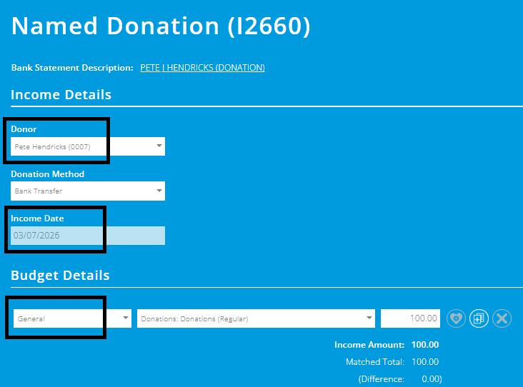 ExpensePlus Named Donation screen, highlighting the donor name, donation date, and Fund 