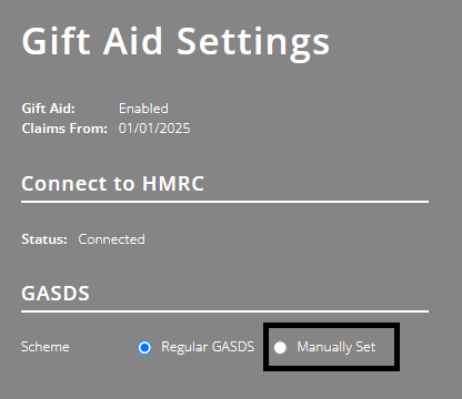 ExpensePlus Gift Aid Settings screen highlighting the GASDS Scheme Manually Set button