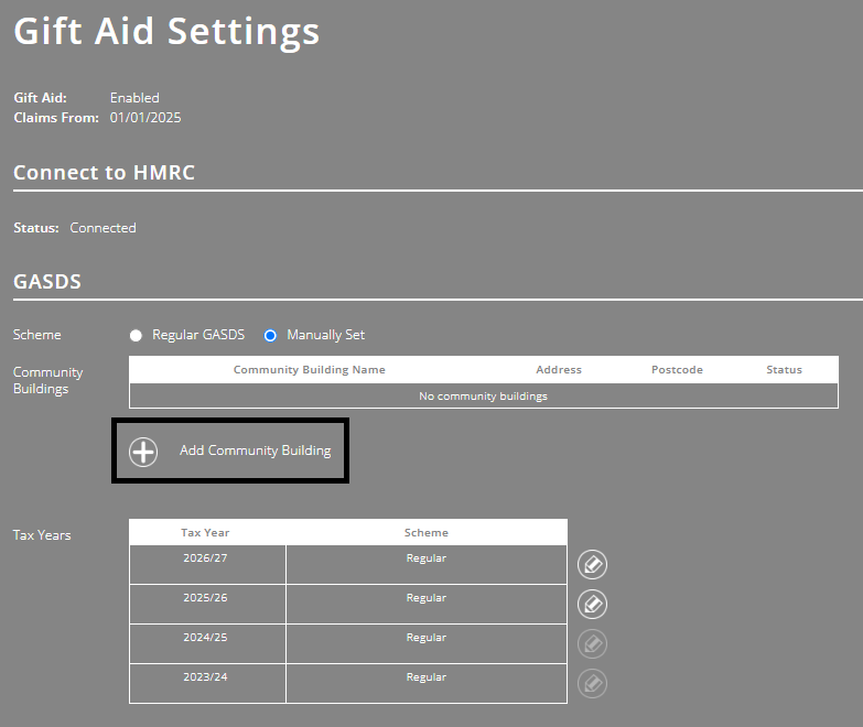 ExpensePlus Gift Aid Settings screen highlighting the GASDS Add Community Building button