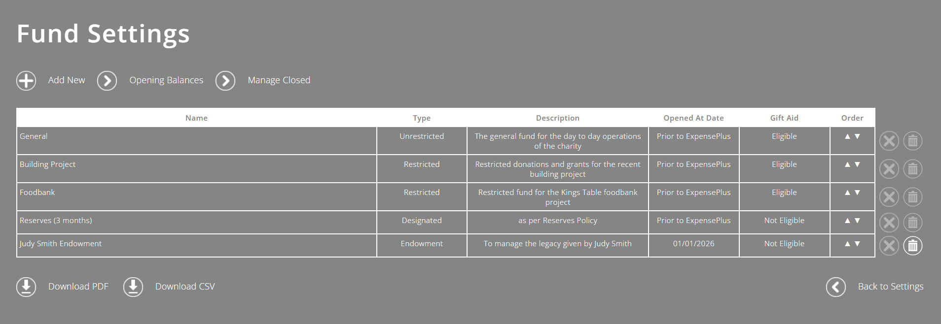 ExpensePlus screenshot of Fund Settings Screen