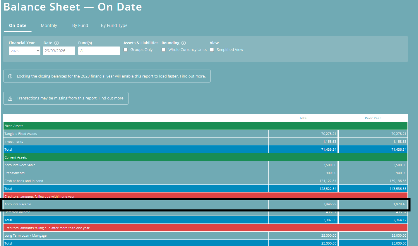 ExpensePlus Balance Sheet screen