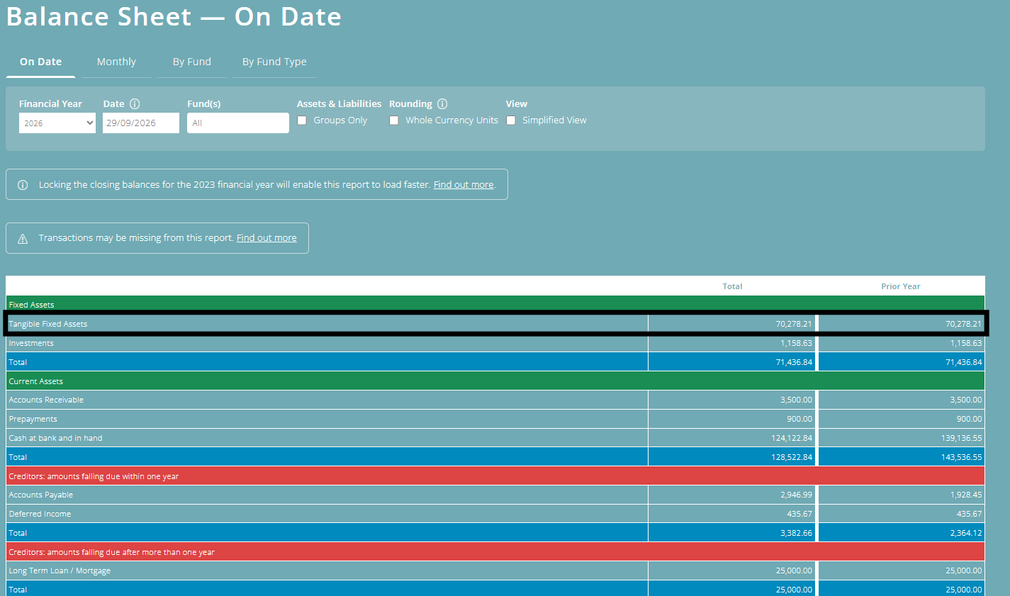 ExpensePlus Balance Sheet screen highlighting the Tangible Fixed Assets row