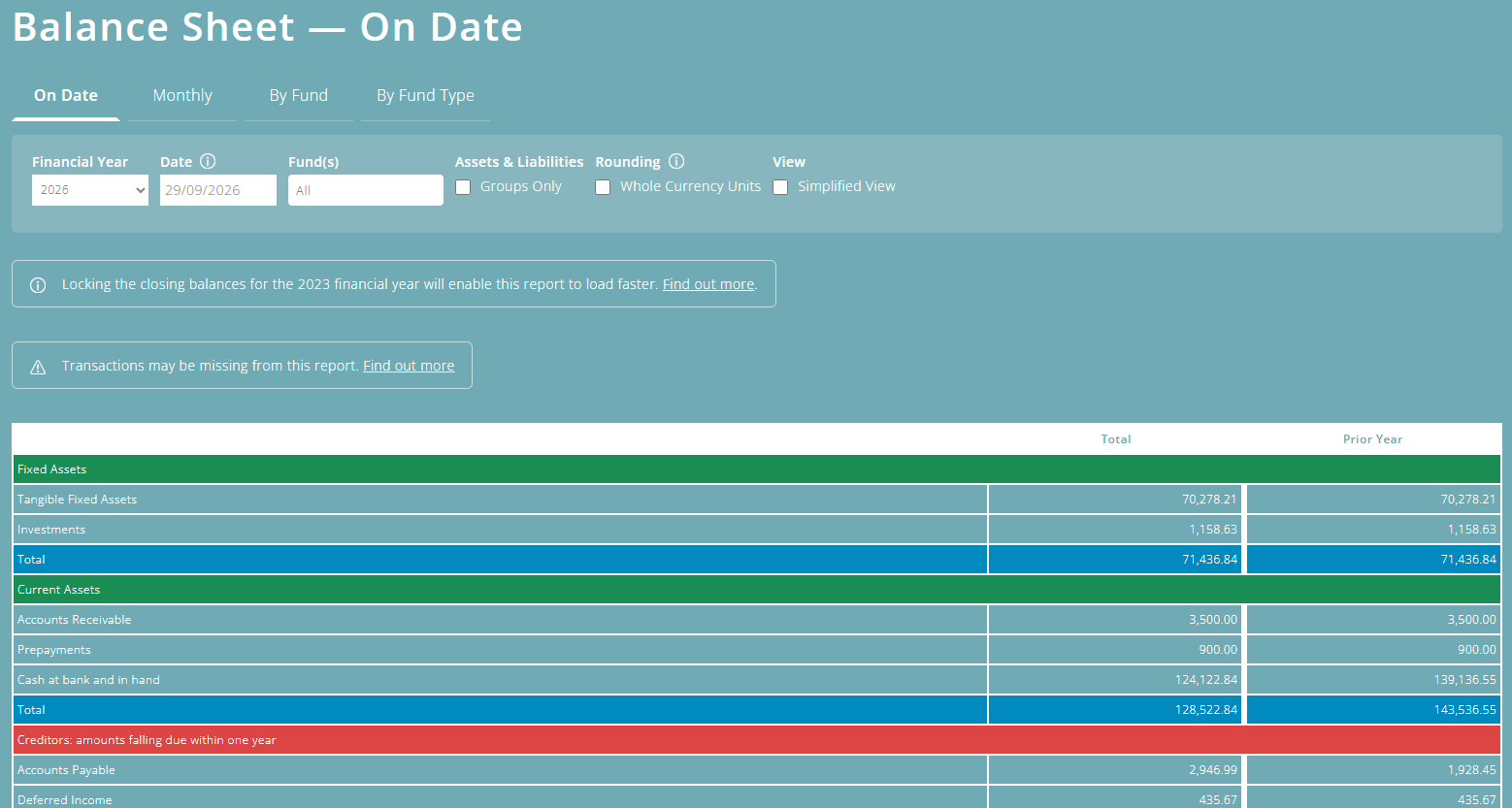 ExpensePlus Balance Sheet screen displaying the report by the On Date tab