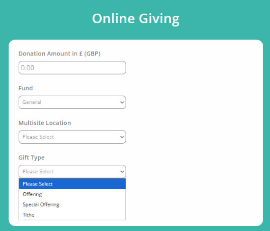 LoveGiving donation page highlighting Gift Type drop down menu
