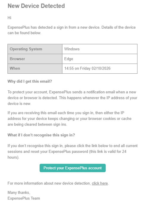Screenshot of new device detection email