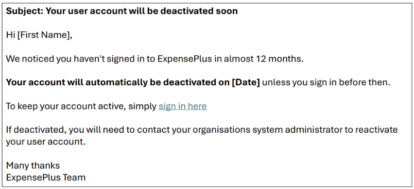 ExpensePlus auto deactivation email