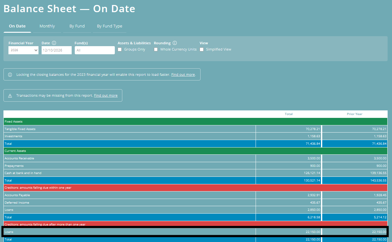ExpensePlus screenshot of balance sheet