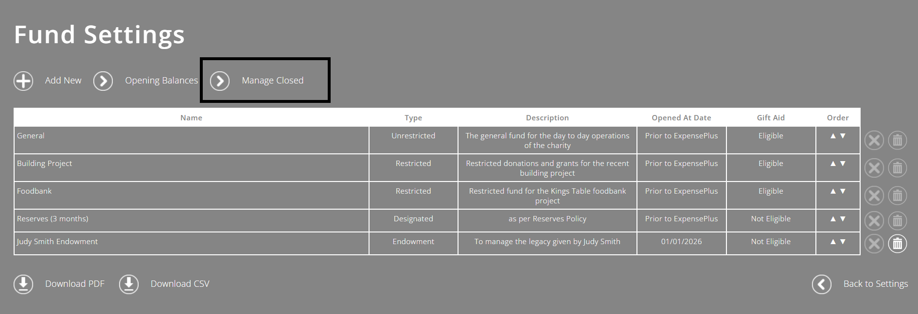 ExpensePlus screenshot of fund settings screen