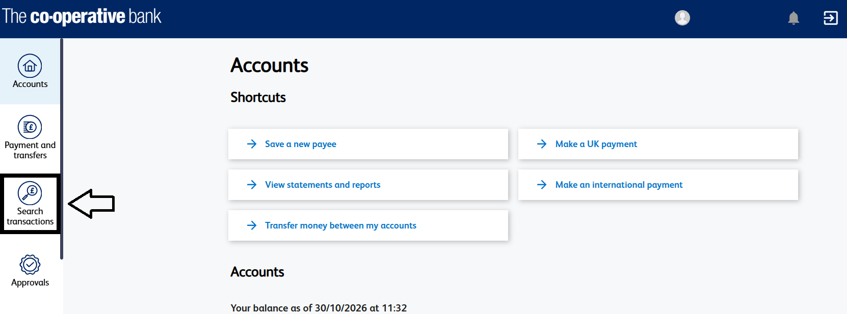 Co-op screenshot, highlighting the Search transactions button