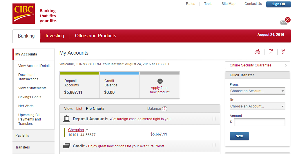 online banking screenshot