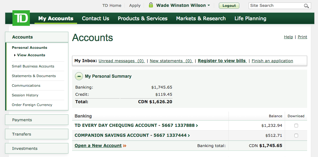 how to check my td bank account balance online