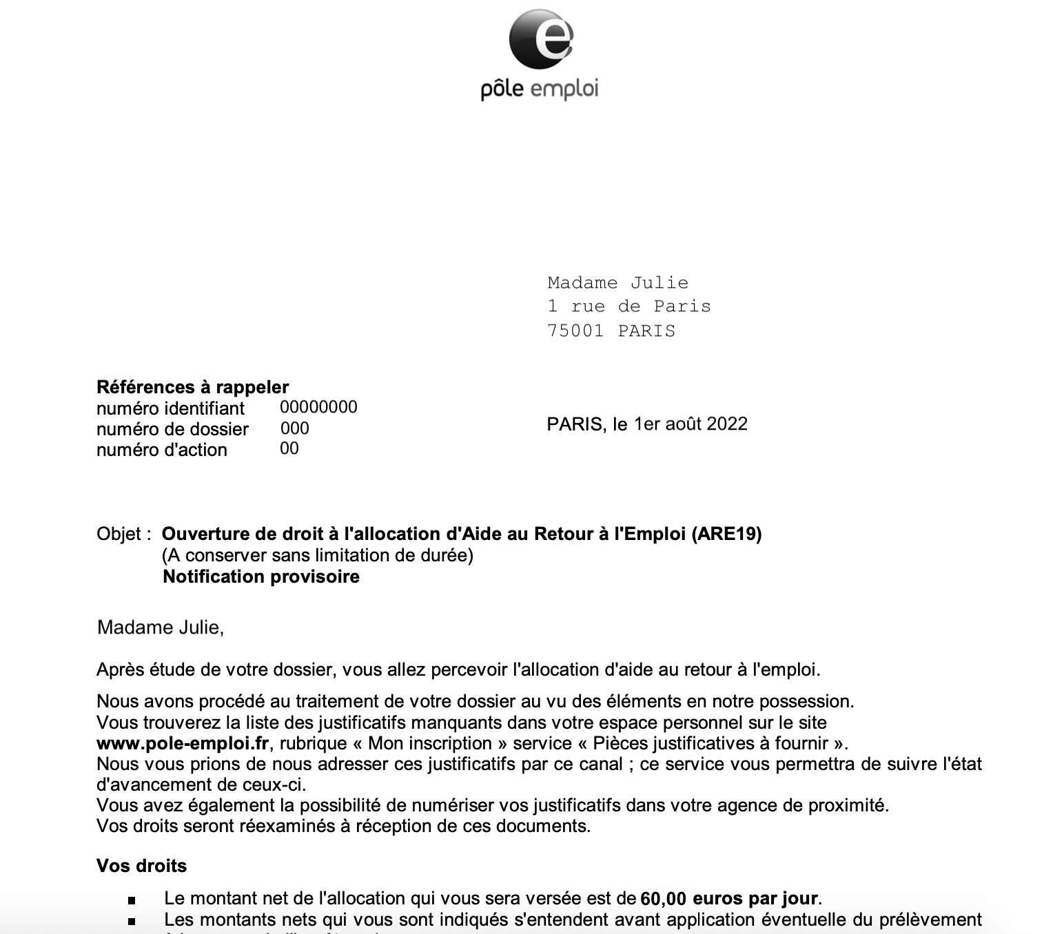 Notification Ouverture De Droit Pole Emploi