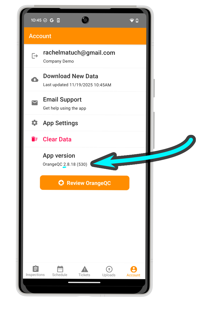 A screenshot of the old OrangeQC Android app. The app is open to the Account tab, and the App Version number begins with a 2.