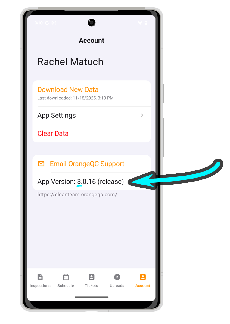 A screenshot of the new OrangeQC Android app. The app is open to the Account tab, and the App Version number begins with a 3.