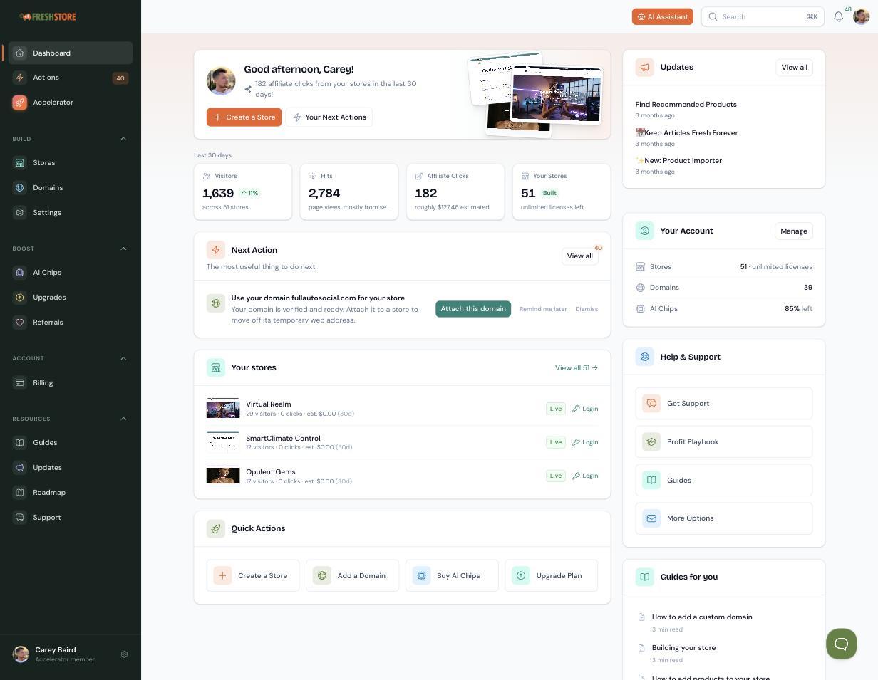 The new account area dashboard