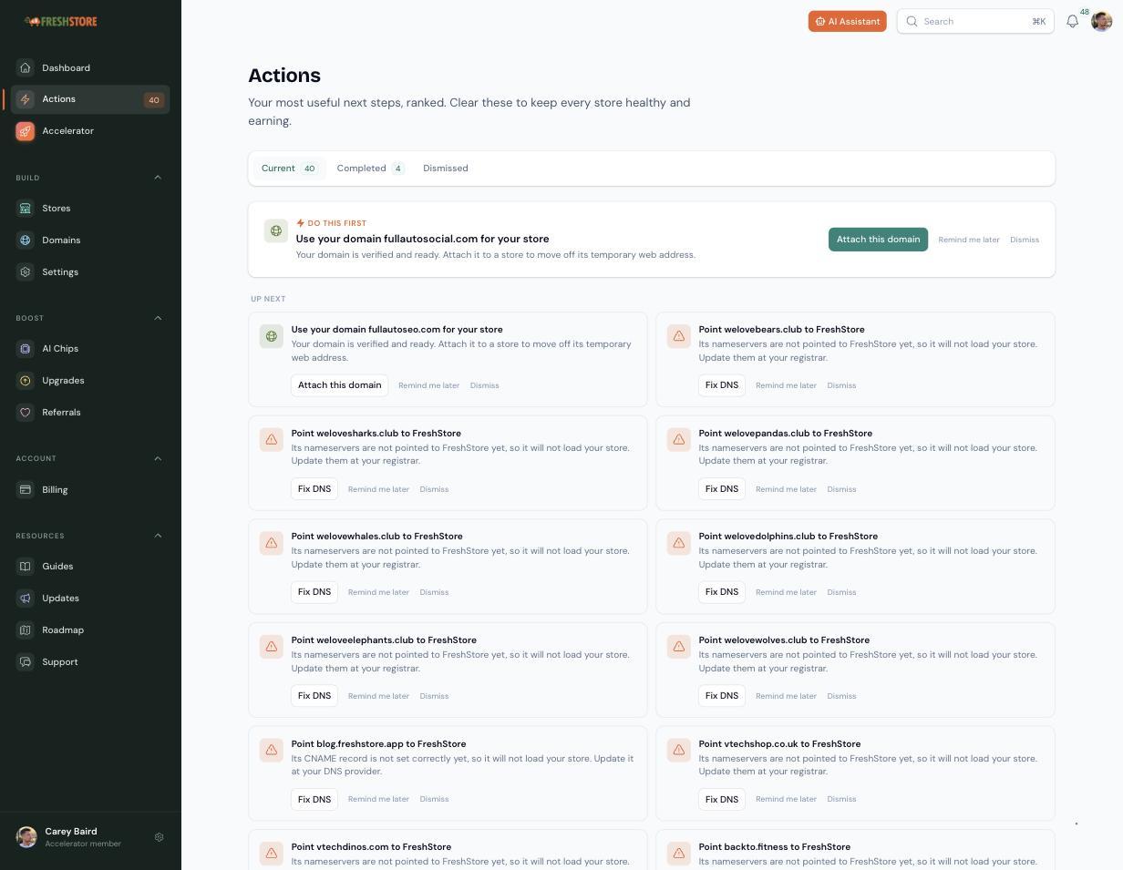 The Actions page
