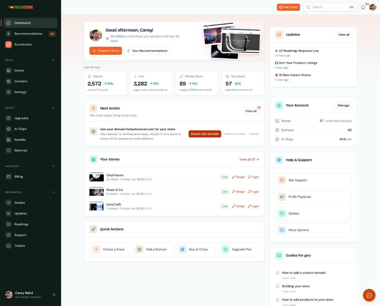The new account area dashboard