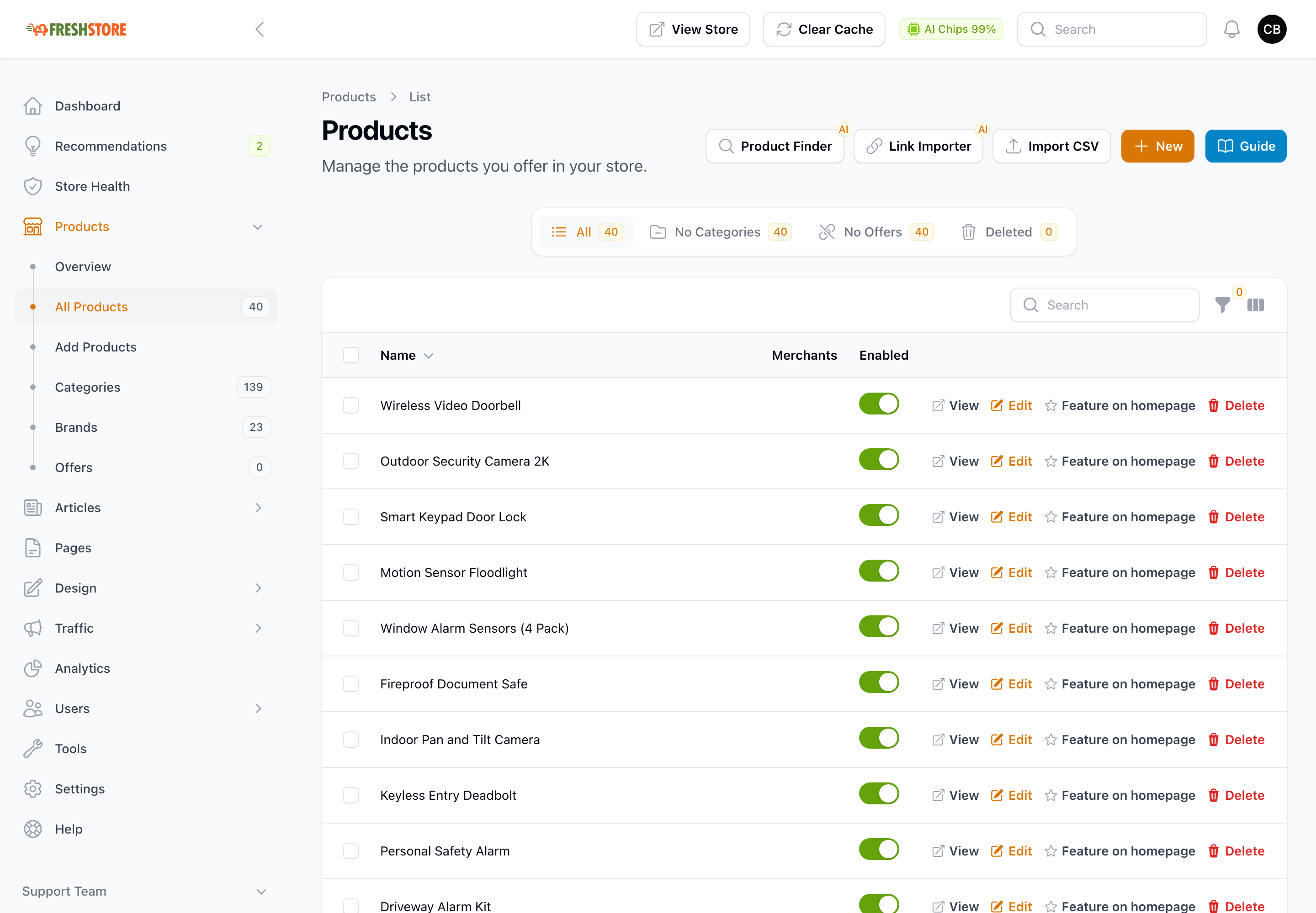 The Products page in the store admin, with the Products menu open