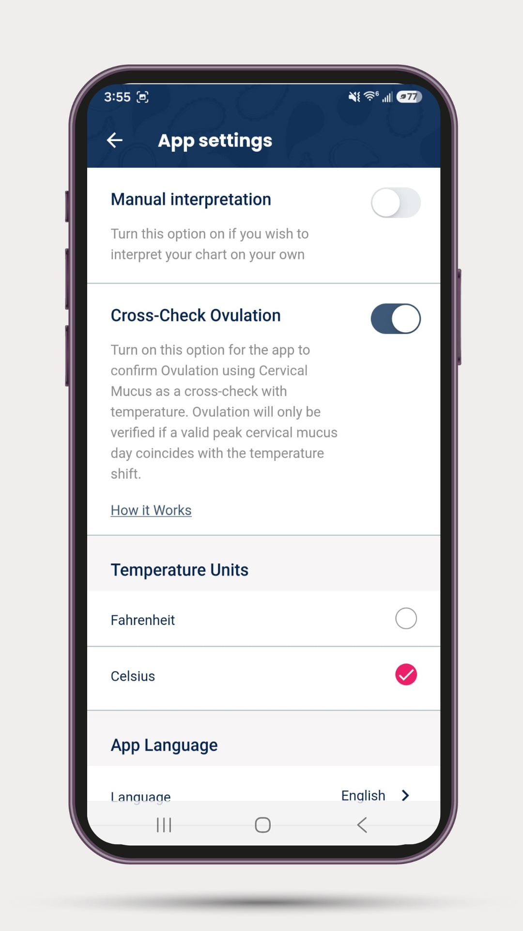 Phone displaying the Cross-Check Ovulation Settings