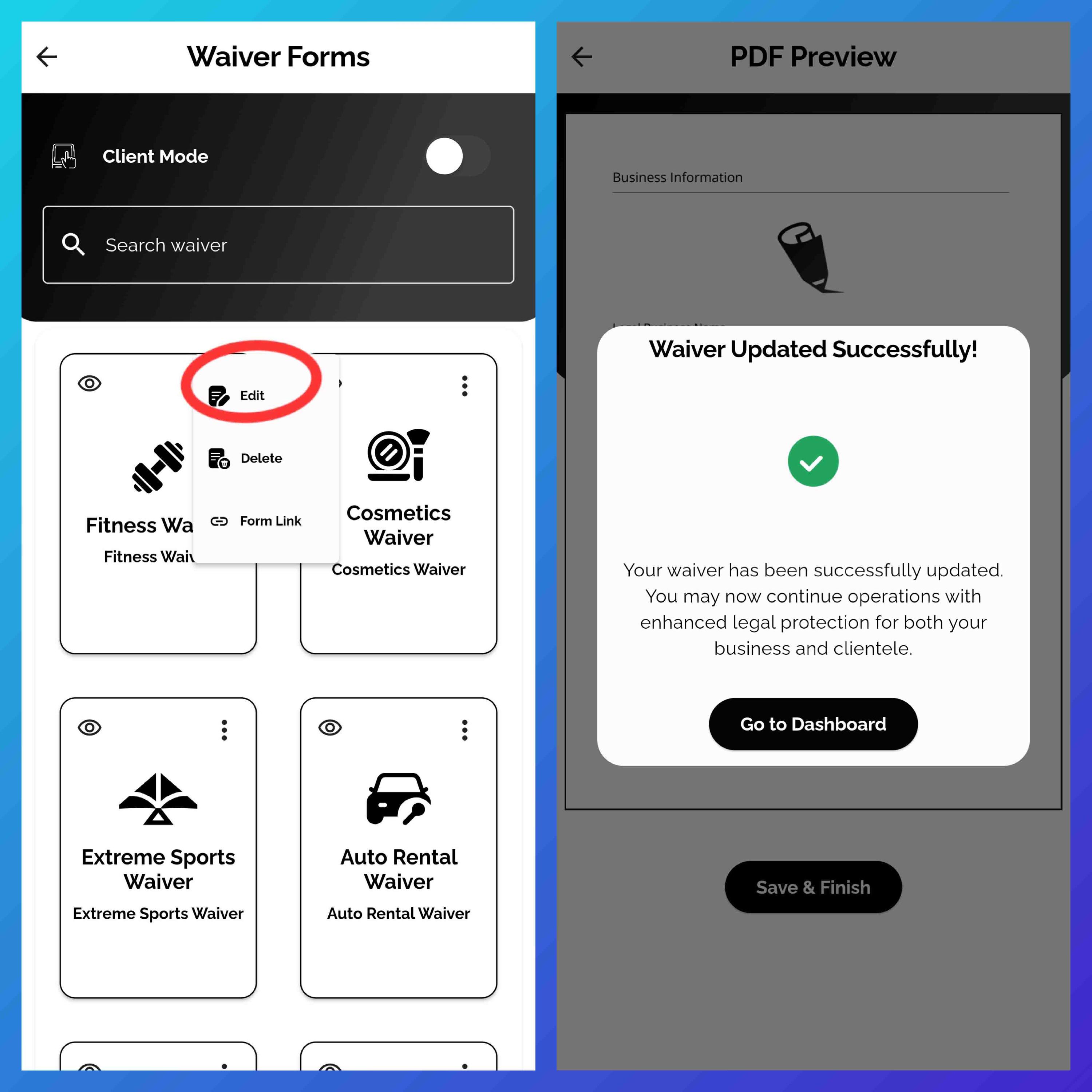 Screenshot showing the three-dot menu icon used for editing waiver templates on Waiverly’s Waiver Forms screen.