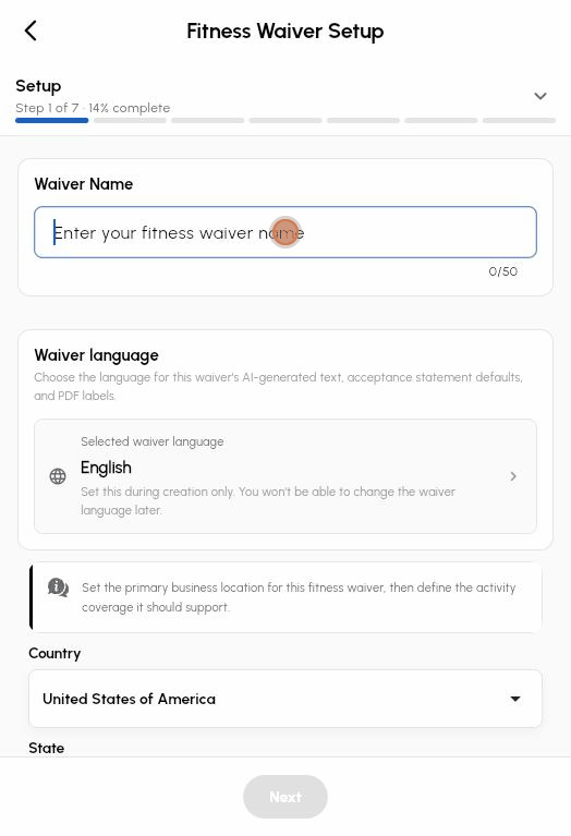 Selecting Fitness on the Select Your Business Type screen and tapping Let's get started