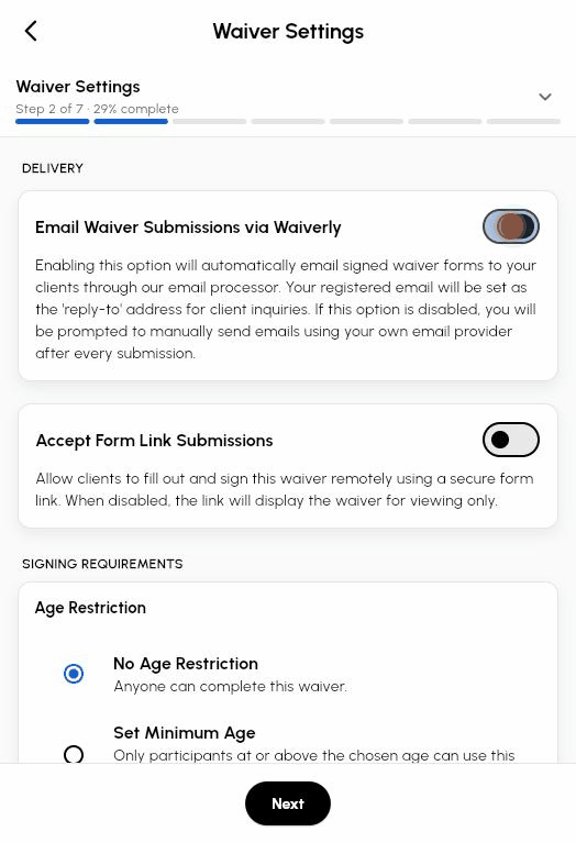 Step 2 Waiver Settings: turning on the delivery, signing requirement and waiver section toggles, with the step count growing from 7 to 10